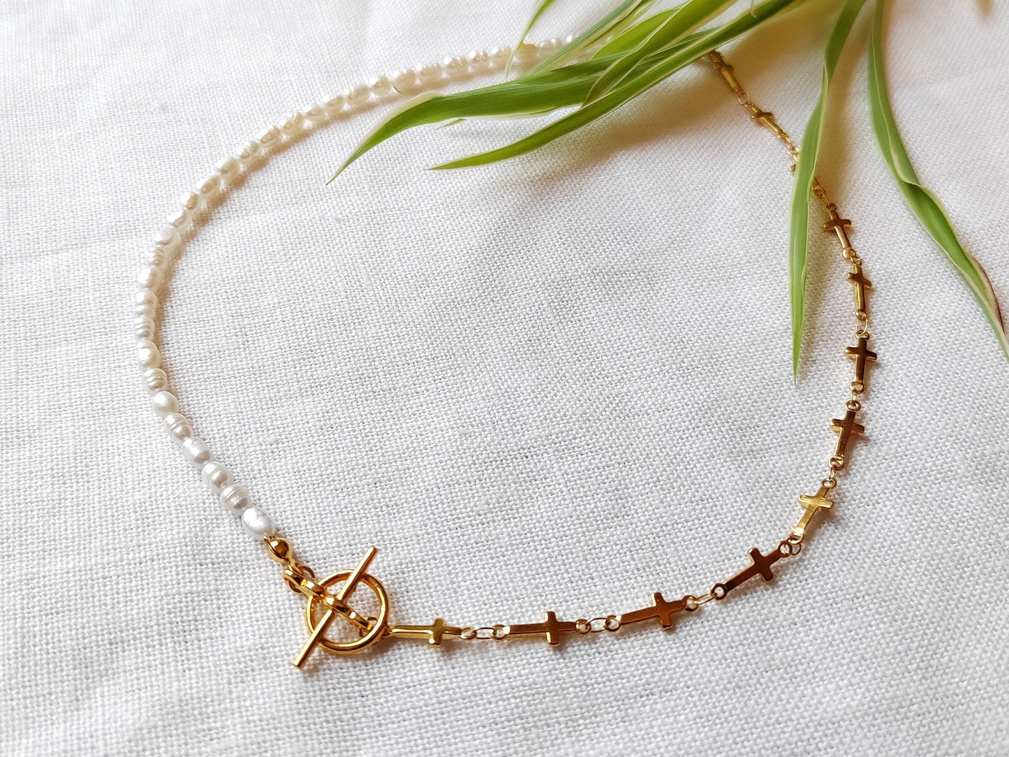 Pearl cross necklace | Half pearl half chain necklace | Dainty cross chain choker with small freshwater pearls | Religious gift for her