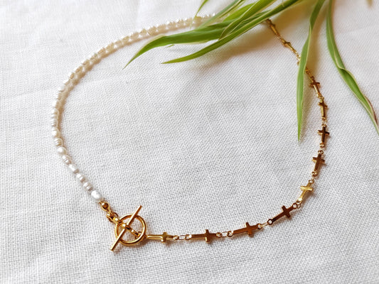 Pearl cross necklace | Half pearl half chain necklace | Dainty cross chain choker with small freshwater pearls | Religious gift for her