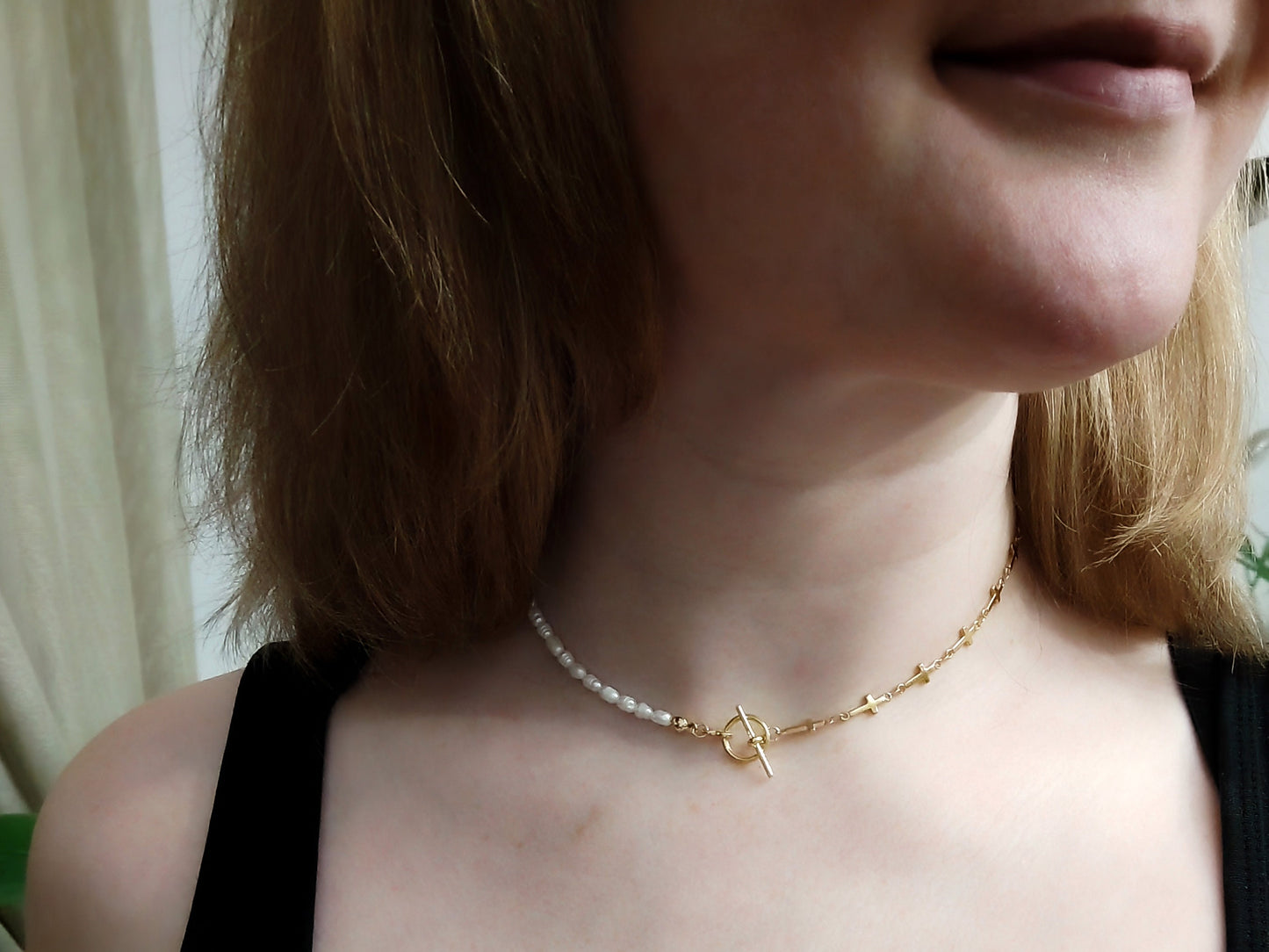 Pearl cross necklace | Half pearl half chain necklace | Dainty cross chain choker with small freshwater pearls | Religious gift for her