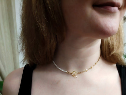 Pearl cross necklace | Half pearl half chain necklace | Dainty cross chain choker with small freshwater pearls | Religious gift for her