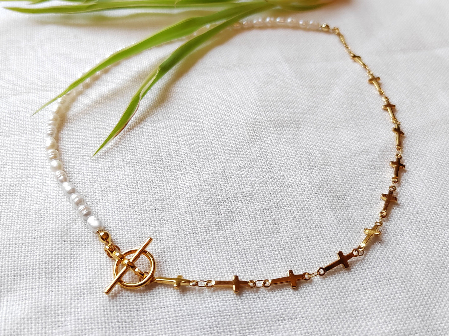 Pearl cross necklace | Half pearl half chain necklace | Dainty cross chain choker with small freshwater pearls | Religious gift for her