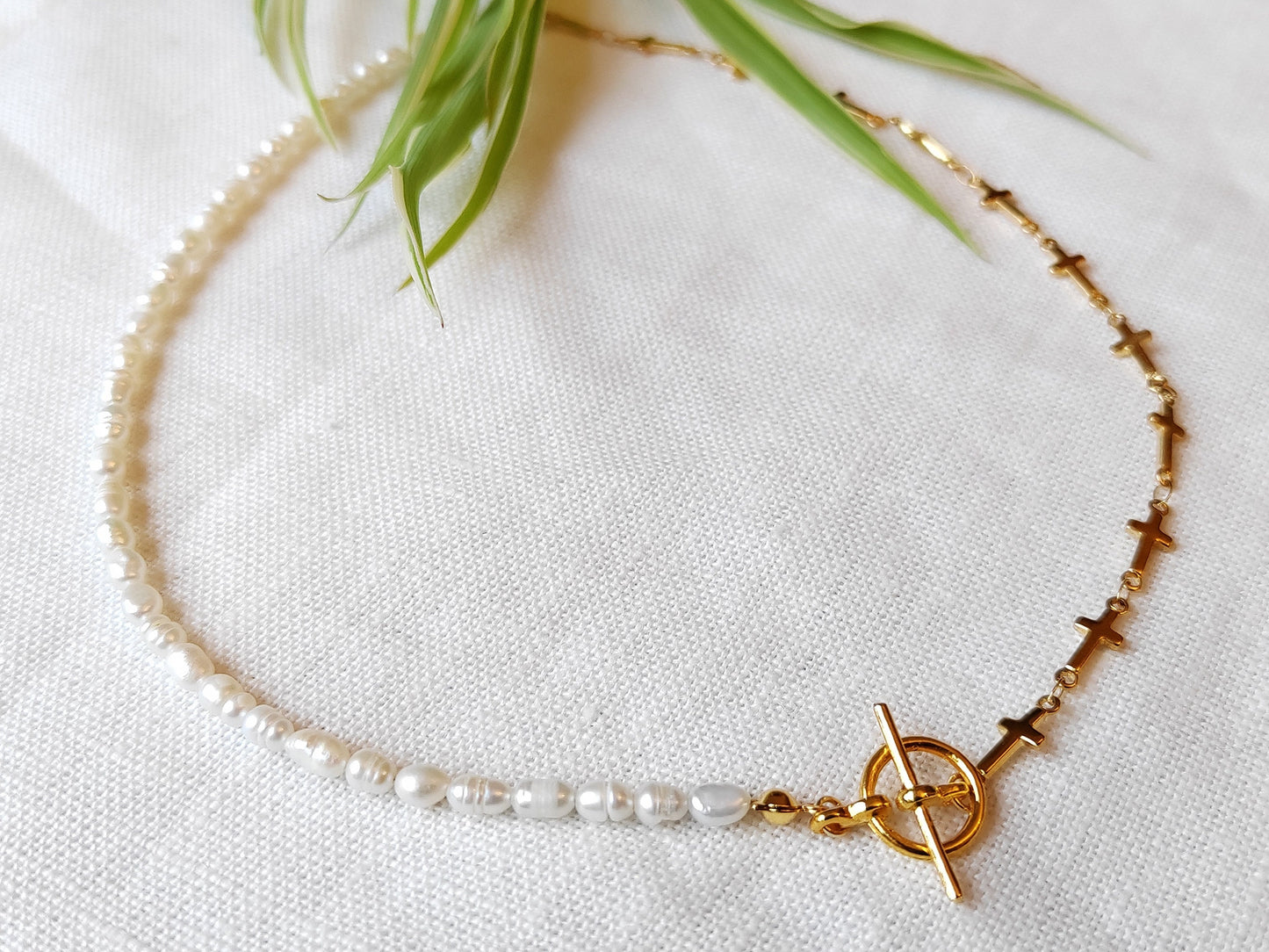 Pearl cross necklace | Half pearl half chain necklace | Dainty cross chain choker with small freshwater pearls | Religious gift for her