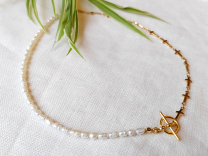 Pearl cross necklace | Half pearl half chain necklace | Dainty cross chain choker with small freshwater pearls | Religious gift for her