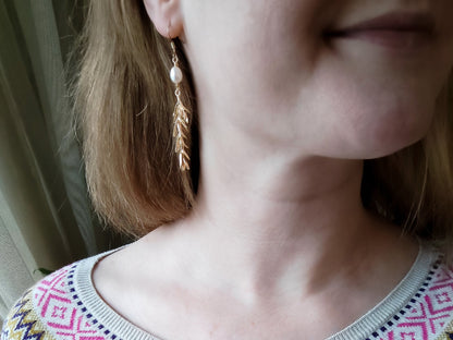 Long freshwater pearl leaf earrings | Gold dangle wedding earrings | Beautiful pearl rosemary branch earring | Elegant chic boho jewelry