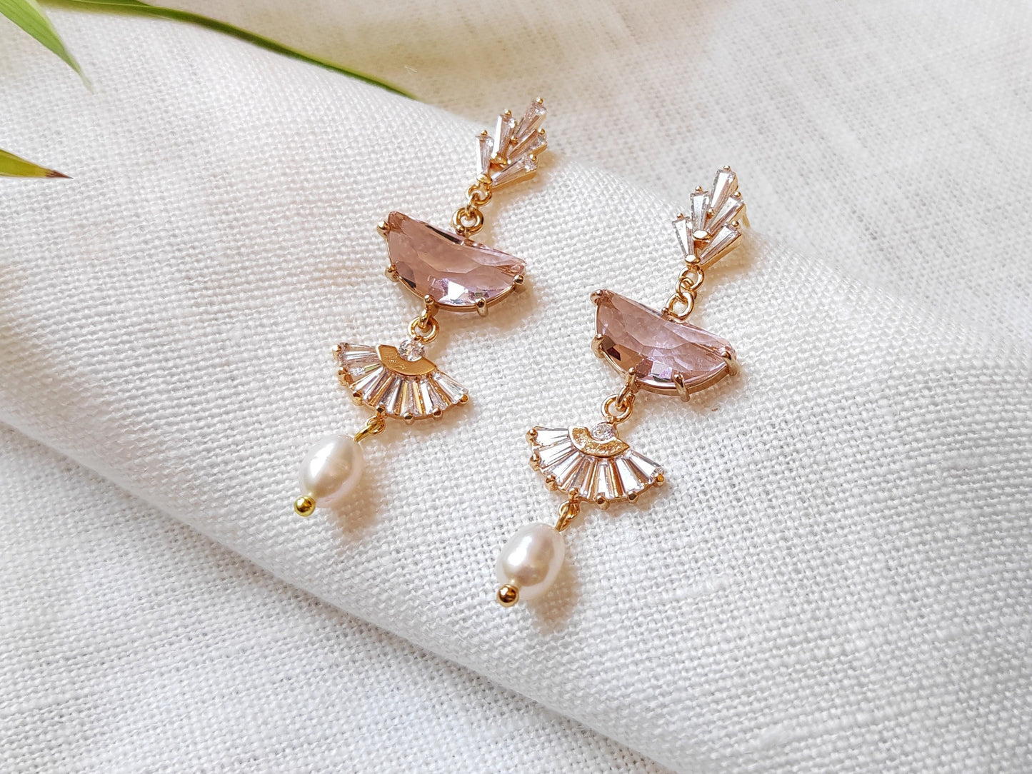 Long pink Art deco dangle earrings | Vintage style gold fan earrings | Beautiful elegant 1920s wedding earrings with rhinestone crystal