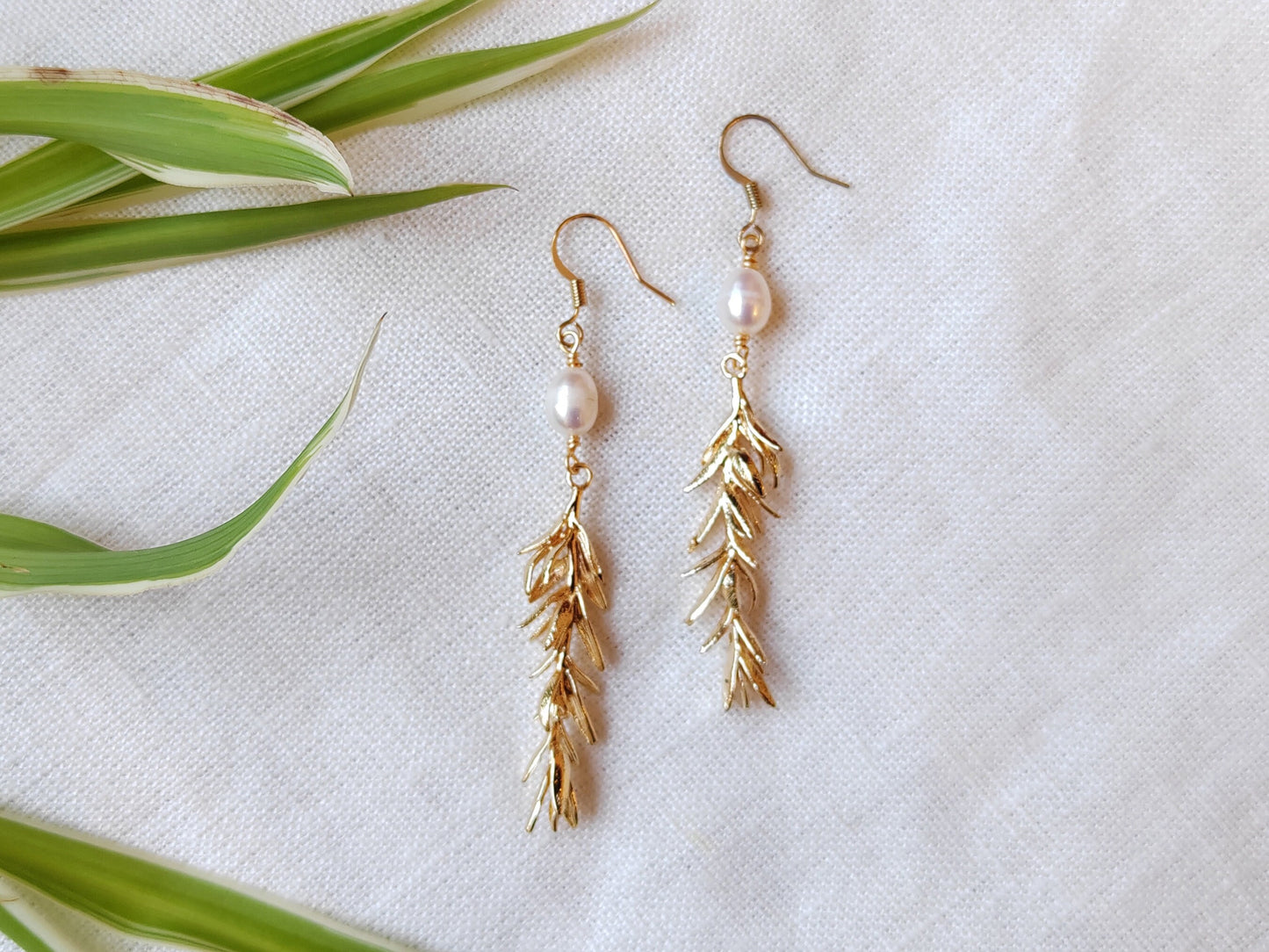Long freshwater pearl leaf earrings | Gold dangle wedding earrings | Beautiful pearl rosemary branch earring | Elegant chic boho jewelry