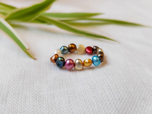 Colorful pearls stretch ring – multicolor freshwater pearl elastic beaded ring