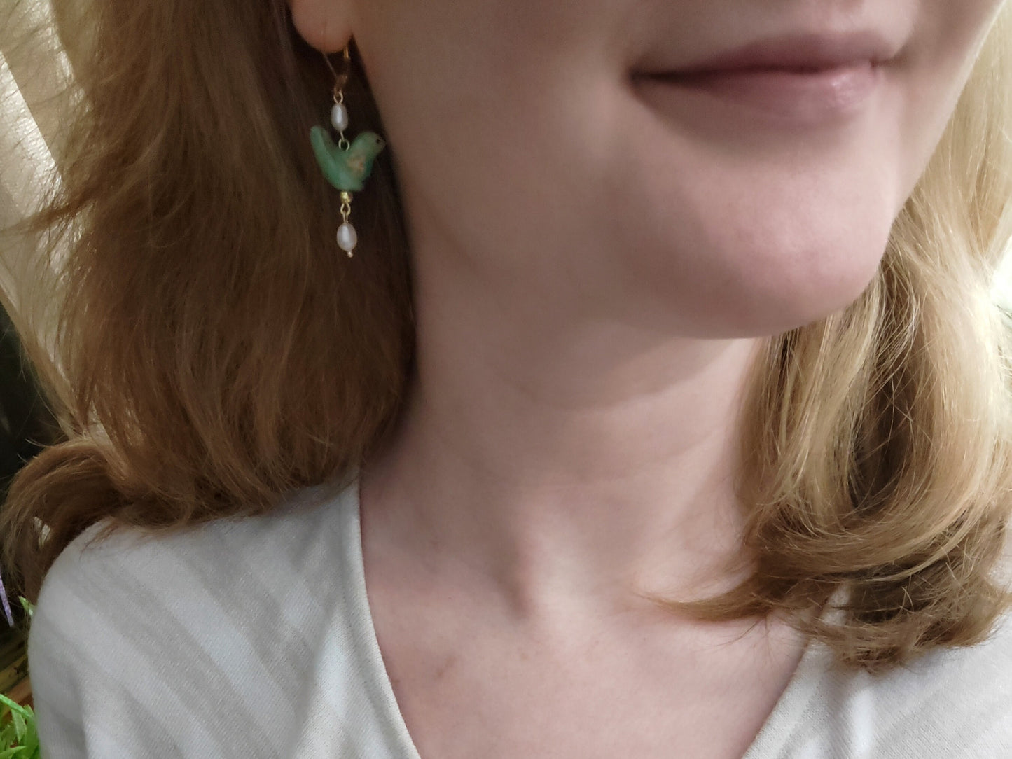 Green bird porcelain earrings | Colorful ceramic earrings | Cute animal drop earring with freshwater pearls | Dainty green gold earrings