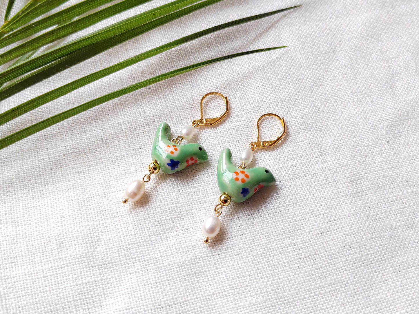 Green bird porcelain earrings | Colorful ceramic earrings | Cute animal drop earring with freshwater pearls | Dainty green gold earrings