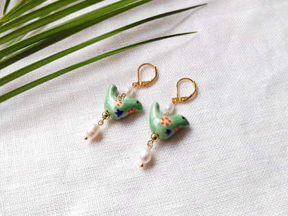 Green bird porcelain earrings | Colorful ceramic earrings | Cute animal drop earring with freshwater pearls | Dainty green gold earrings