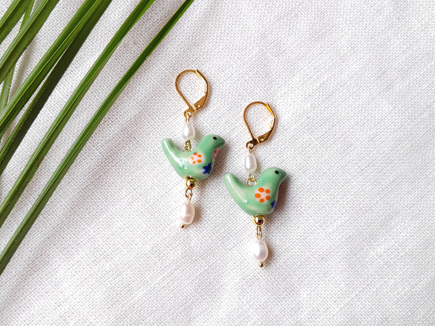 Green bird porcelain earrings | Colorful ceramic earrings | Cute animal drop earring with freshwater pearls | Dainty green gold earrings
