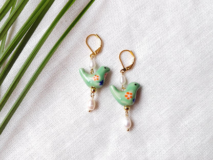 Green bird porcelain earrings | Colorful ceramic earrings | Cute animal drop earring with freshwater pearls | Dainty green gold earrings