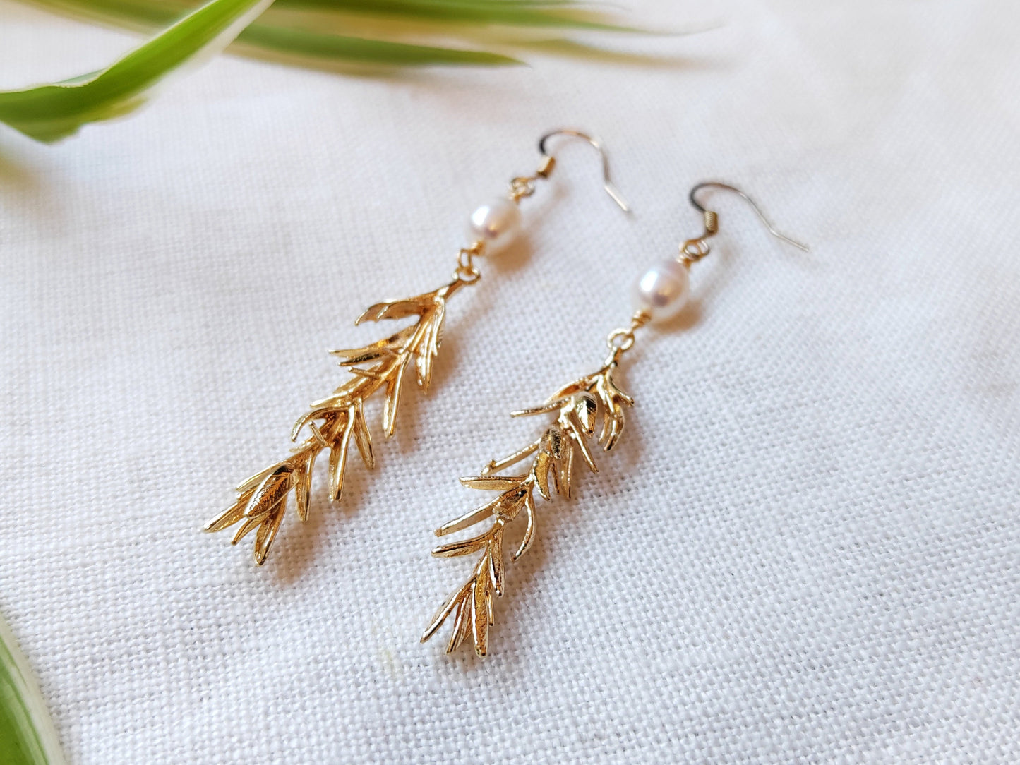 Long freshwater pearl leaf earrings | Gold dangle wedding earrings | Beautiful pearl rosemary branch earring | Elegant chic boho jewelry
