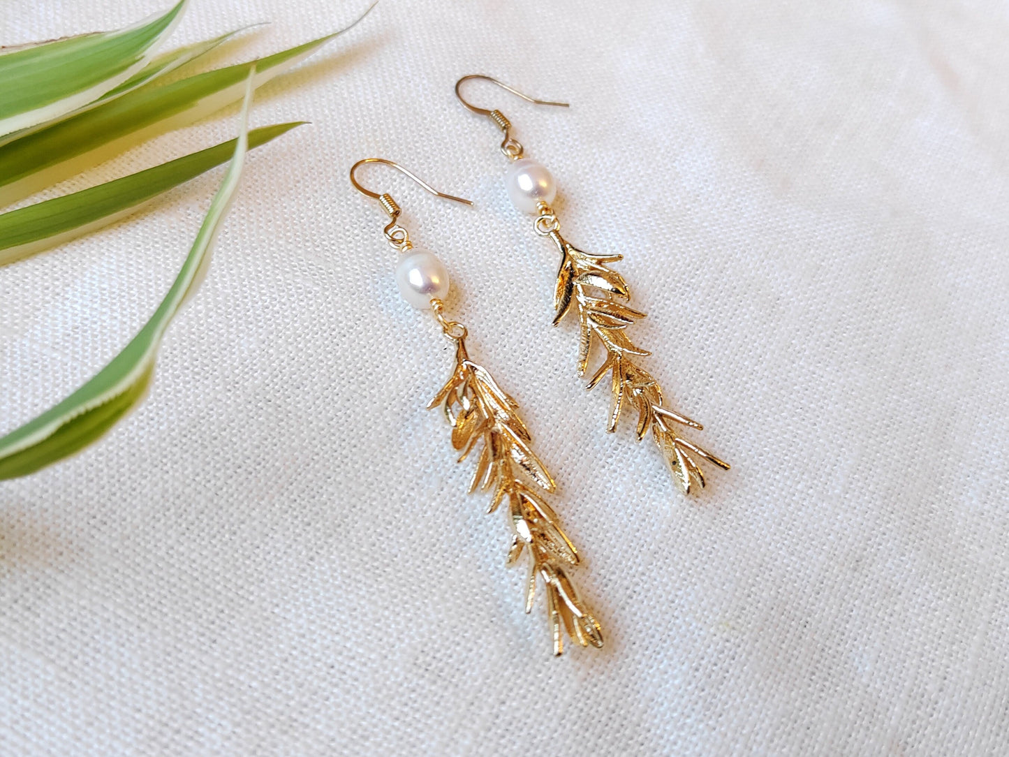 Long freshwater pearl leaf earrings | Gold dangle wedding earrings | Beautiful pearl rosemary branch earring | Elegant chic boho jewelry