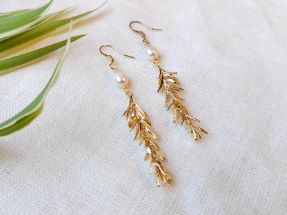 Long freshwater pearl leaf earrings | Gold dangle wedding earrings | Beautiful pearl rosemary branch earring | Elegant chic boho jewelry