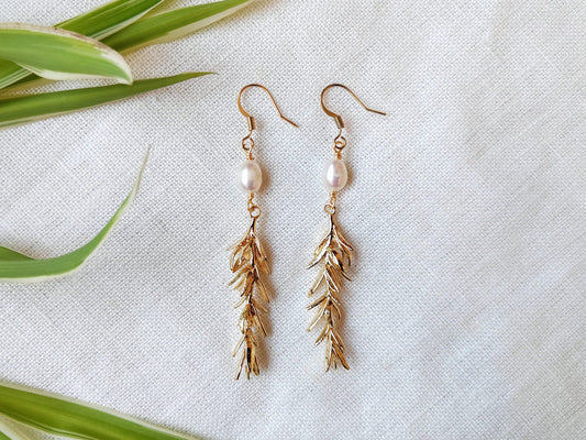 Long freshwater pearl leaf earrings | Gold dangle wedding earrings | Beautiful pearl rosemary branch earring | Elegant chic boho jewelry