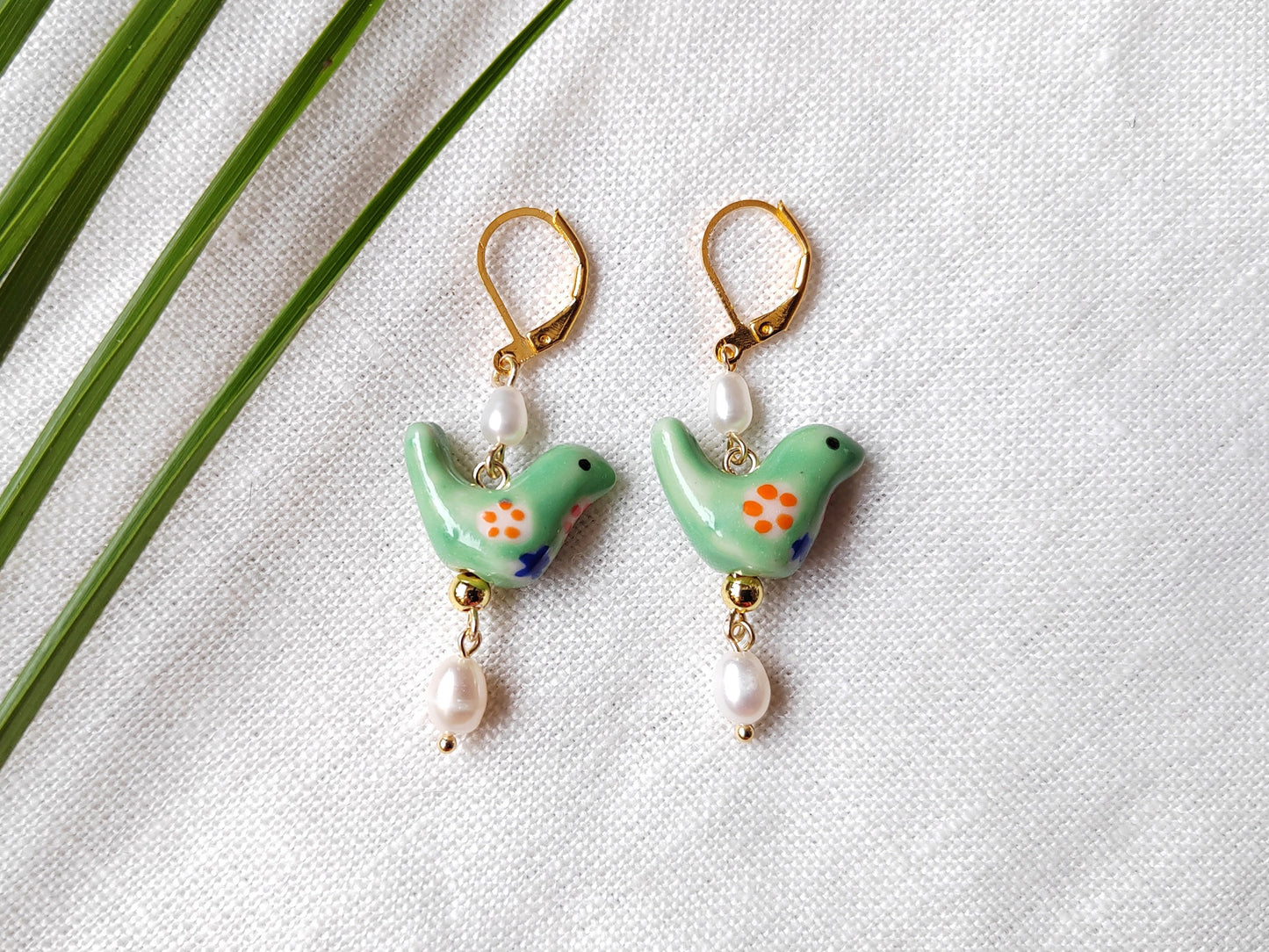 Green bird porcelain earrings | Colorful ceramic earrings | Cute animal drop earring with freshwater pearls | Dainty green gold earrings