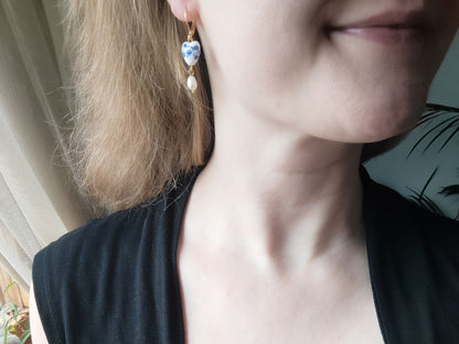 Blue porcelain earrings | Cute blue heart ceramics earring | Freshwater pearl bridesmaid drop earrings | Floral chinoiserie jewelry gift