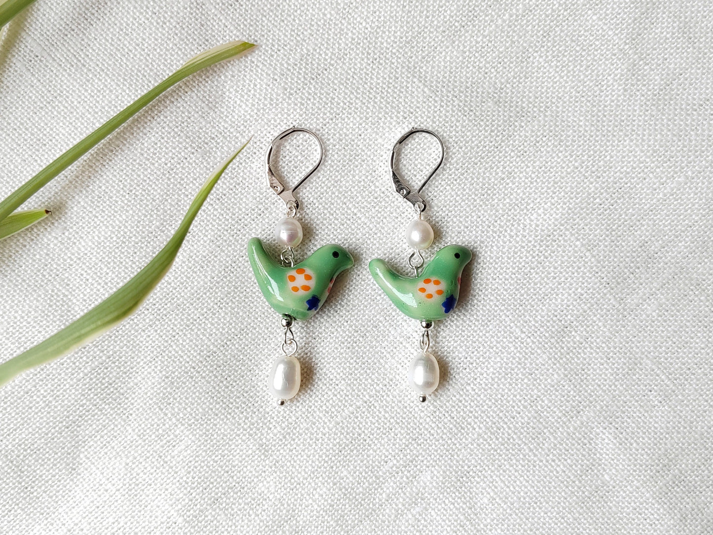 Green bird porcelain earrings | Colorful ceramic earrings | Cute animal drop earring with freshwater pearls | Dainty green gold earrings