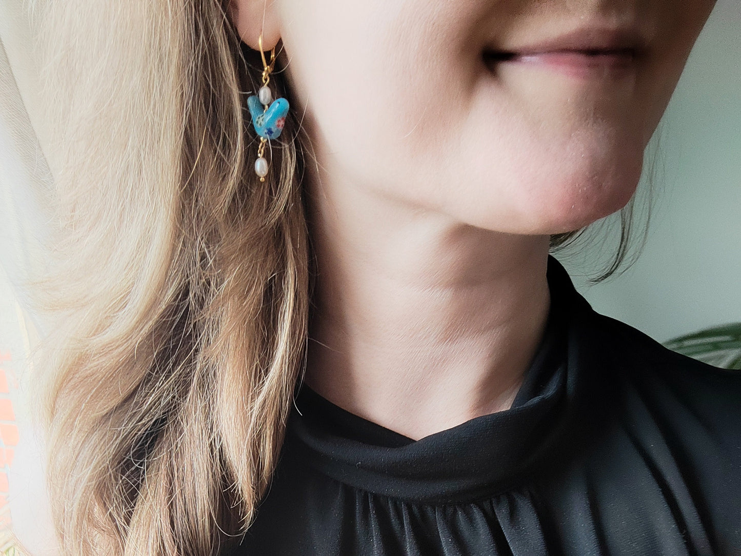 Blue porcelain bird earrings | Ceramic pearl earrings | Cute porcelain drop earrings with freshwater pearls | Unique quirky jewelry for her