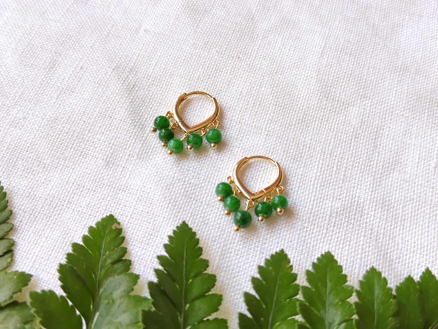 Green jade hoop earrings | Round green stone earrings | Dainty hoops with five natural stone beads | Minimalist cute unique jade jewelry