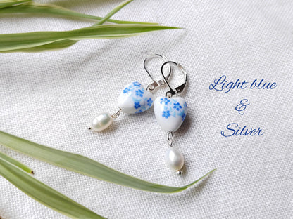 Blue porcelain earrings | Cute blue heart ceramics earring | Freshwater pearl bridesmaid drop earrings | Floral chinoiserie jewelry gift