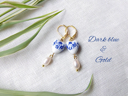 Blue porcelain earrings | Cute blue heart ceramics earring | Freshwater pearl bridesmaid drop earrings | Floral chinoiserie jewelry gift