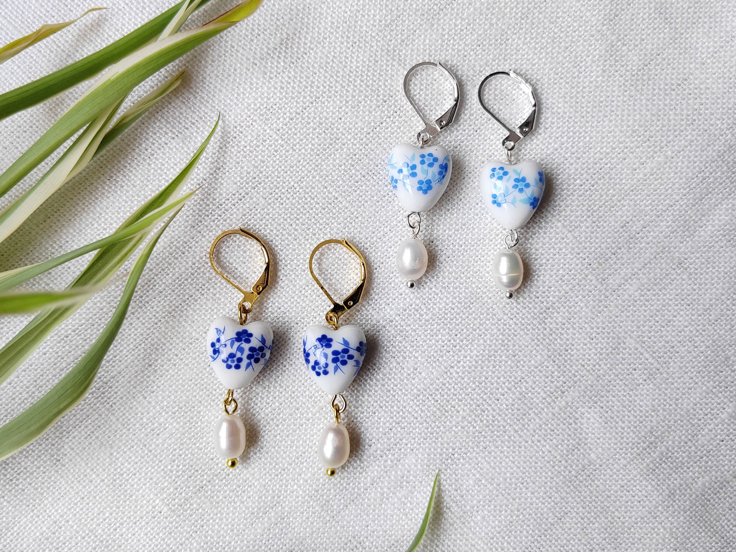 Blue porcelain earrings | Cute blue heart ceramics earring | Freshwater pearl bridesmaid drop earrings | Floral chinoiserie jewelry gift