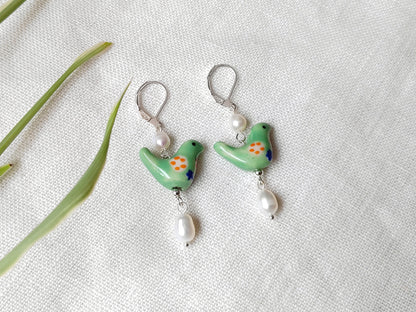 Green bird porcelain earrings | Colorful ceramic earrings | Cute animal drop earring with freshwater pearls | Dainty green gold earrings