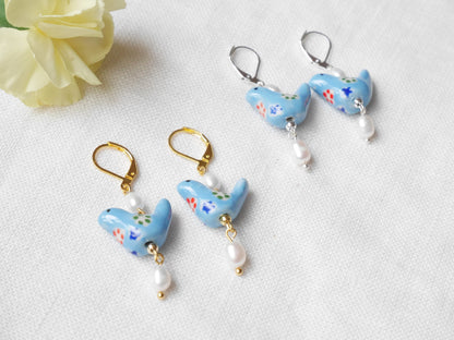 Blue porcelain bird earrings | Ceramic pearl earrings | Cute porcelain drop earrings with freshwater pearls | Unique quirky jewelry for her