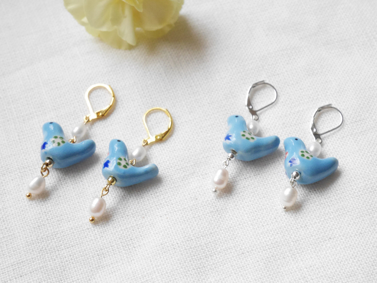 Blue porcelain bird earrings | Ceramic pearl earrings | Cute porcelain drop earrings with freshwater pearls | Unique quirky jewelry for her