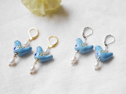 Blue porcelain bird earrings | Ceramic pearl earrings | Cute porcelain drop earrings with freshwater pearls | Unique quirky jewelry for her