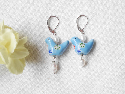 Blue porcelain bird earrings | Ceramic pearl earrings | Cute porcelain drop earrings with freshwater pearls | Unique quirky jewelry for her