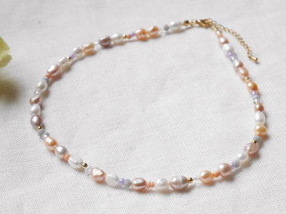Mauve pearl necklace | Muted colors freshwater pearl choker | Boho mixed pearls jewelry with pink purple | Colorful beaded necklace for her