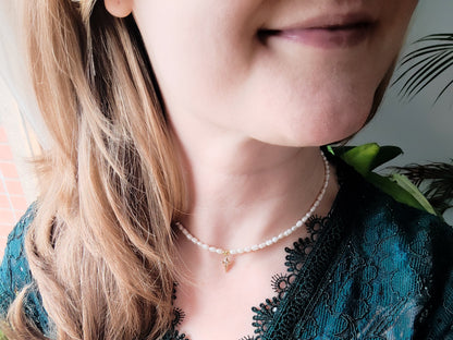 Freshwater pearl necklace | North star pendant choker | Small real pearls with star charm | Dainty light-weight cute gold zircon jewelry
