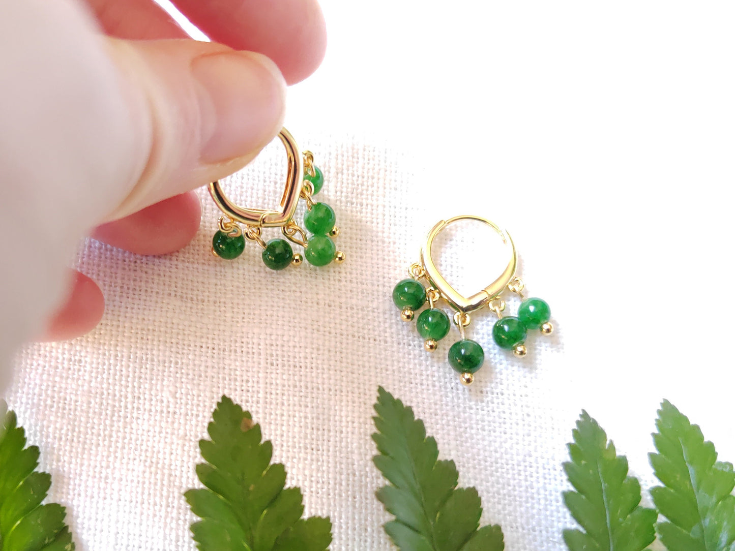 Green jade hoop earrings | Round green stone earrings | Dainty hoops with five natural stone beads | Minimalist cute unique jade jewelry