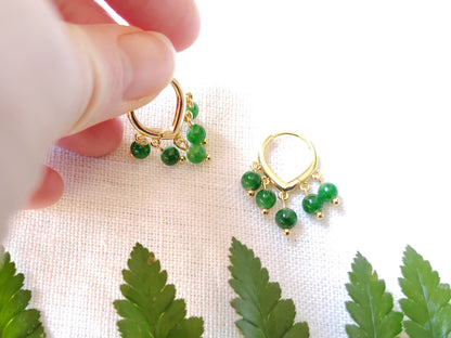Green jade hoop earrings | Round green stone earrings | Dainty hoops with five natural stone beads | Minimalist cute unique jade jewelry