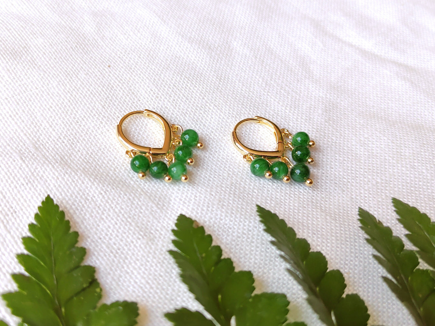 Green jade hoop earrings | Round green stone earrings | Dainty hoops with five natural stone beads | Minimalist cute unique jade jewelry