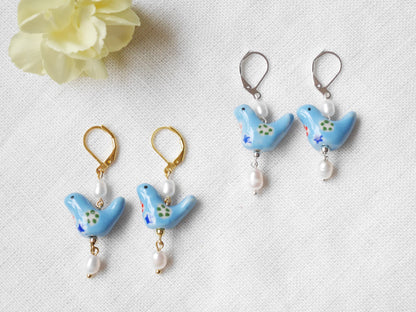 Blue porcelain bird earrings | Ceramic pearl earrings | Cute porcelain drop earrings with freshwater pearls | Unique quirky jewelry for her