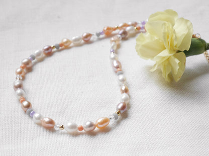 Mauve pearl necklace | Muted colors freshwater pearl choker | Boho mixed pearls jewelry with pink purple | Colorful beaded necklace for her
