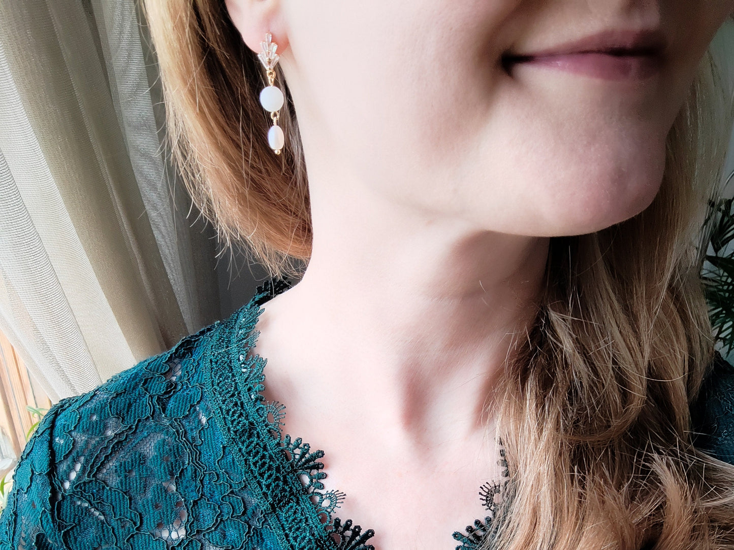 Moonstone pearl earrings | Art Deco jewelry | White stone freshwater pearl drop earrings | Elegant vintage 1920s style handmade gift for her