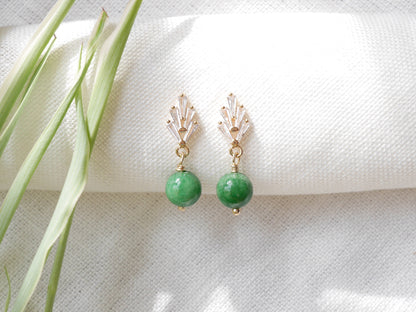 Art deco earrings | Green jade drop earrings | 1920s style gold jewelry | Dainty elegant bridal wedding bridesmaids zircon fan stone design