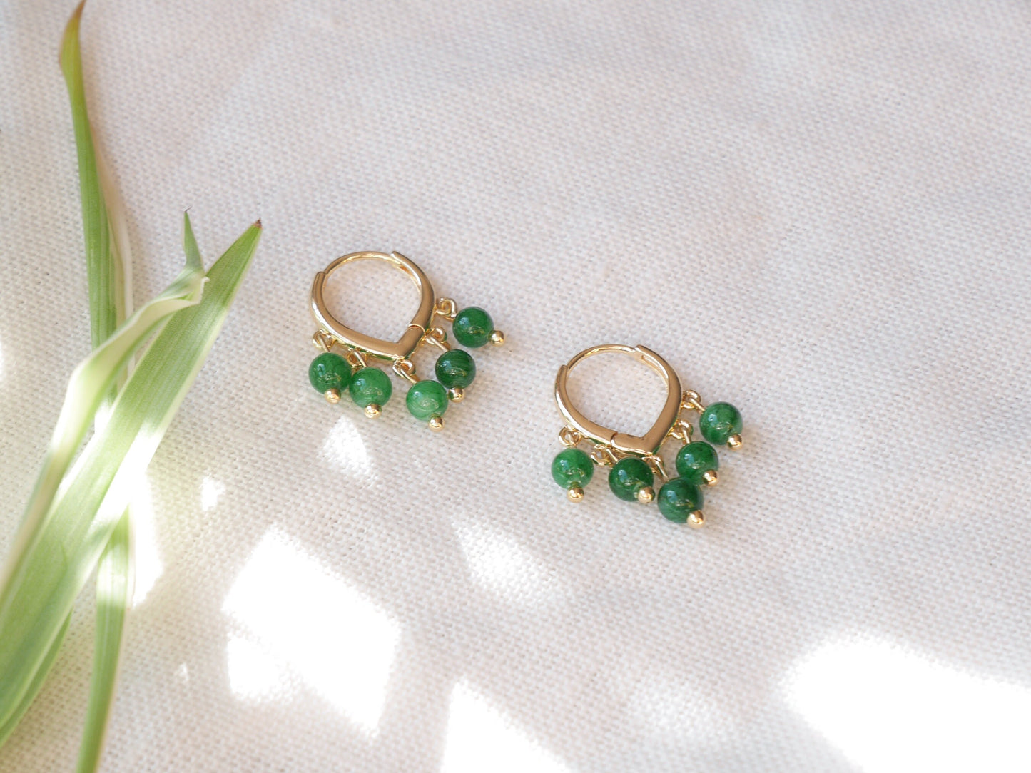 Green jade hoop earrings | Round green stone earrings | Dainty hoops with five natural stone beads | Minimalist cute unique jade jewelry
