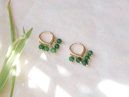 Green jade hoop earrings | Round green stone earrings | Dainty hoops with five natural stone beads | Minimalist cute unique jade jewelry