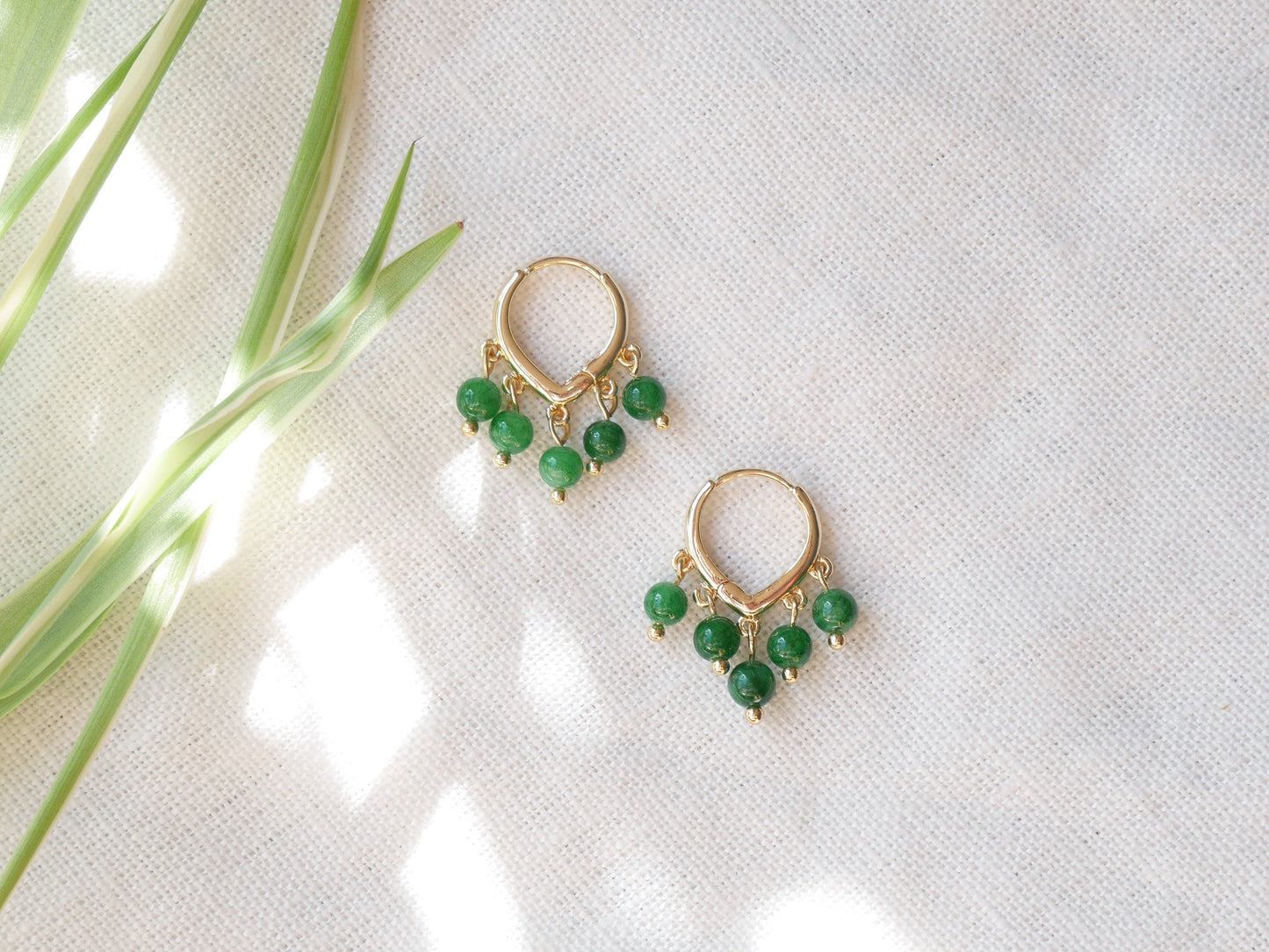 Green jade hoop earrings | Round green stone earrings | Dainty hoops with five natural stone beads | Minimalist cute unique jade jewelry