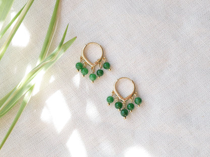 Green jade hoop earrings | Round green stone earrings | Dainty hoops with five natural stone beads | Minimalist cute unique jade jewelry