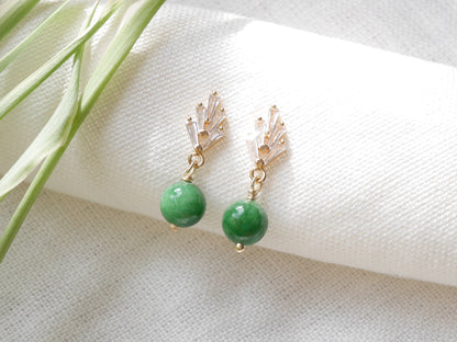 Art deco earrings | Green jade drop earrings | 1920s style gold jewelry | Dainty elegant bridal wedding bridesmaids zircon fan stone design