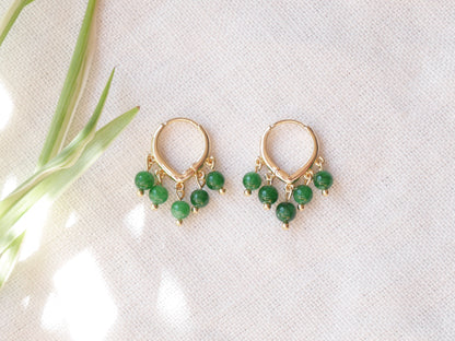 Green jade hoop earrings | Round green stone earrings | Dainty hoops with five natural stone beads | Minimalist cute unique jade jewelry
