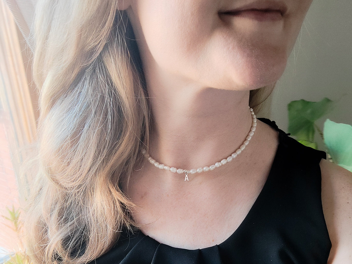 Silver Initial Pearl Necklace: Unisex Freshwater Pearl Letter Choker