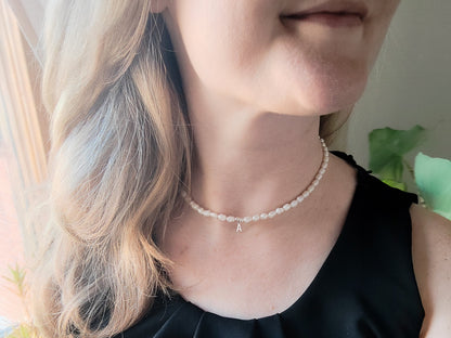 Silver Initial Pearl Necklace: Unisex Freshwater Pearl Letter Choker